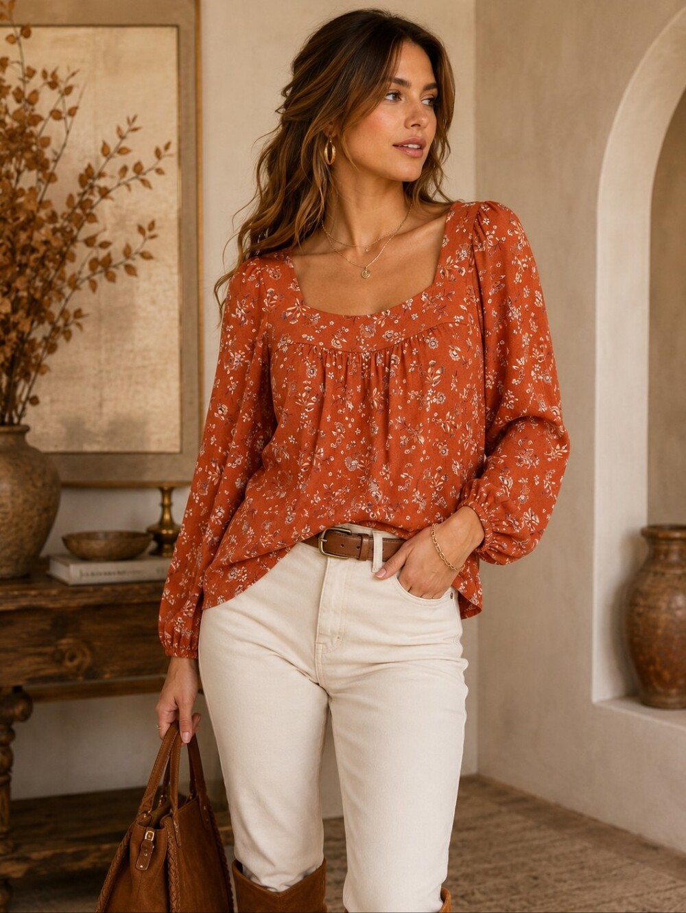 Lucky Brand Floral Blouse Women M Rust Orange Long Sleeve Boho Peasant Top